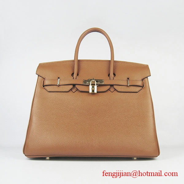 Hermes 35cm Embossed Veins Leather Bag Light Coffee 6089 Gold Hardware